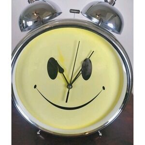 Vintage Sterling & Noble Smiley Face Alarm Clock Jumbo Twin Bell Yellow 11"